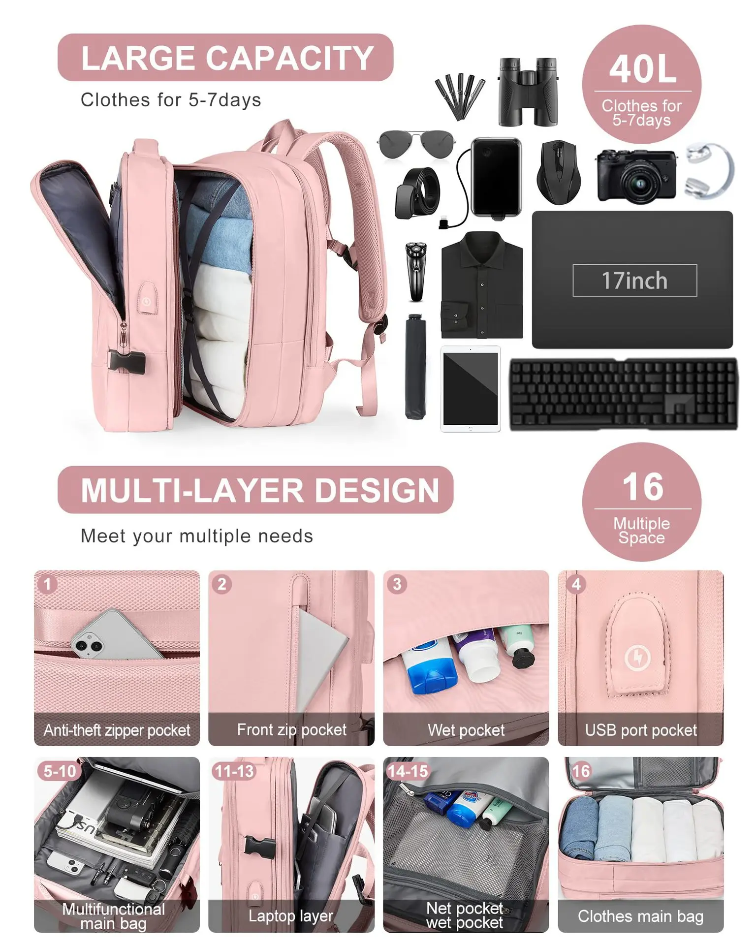 New Large Capacity Expandable Backpack USB Charging Unisex Women Laptop Waterproof Business Travel Back Pack Luggage Bag Mochila