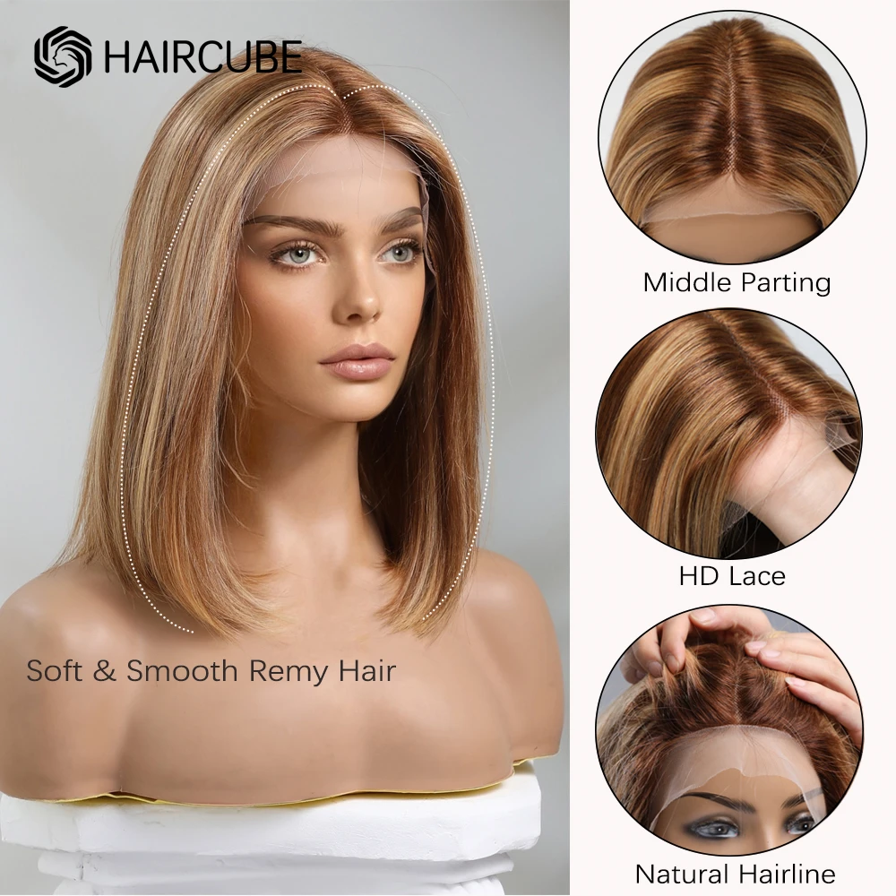 HAIRCUBE-Peluca de cabello humano 13x1 para mujer, postizo de encaje frontal, largo, Bob, liso, resaltado, pelo Remy marrón ombré, resistente al calor