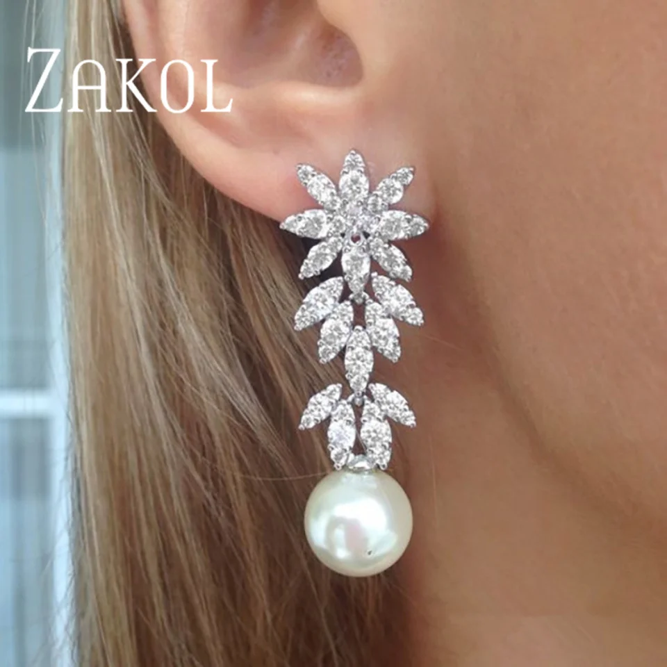 ZAKOL Fashion Imitation Pearl Leaf Shape Zircon Drop Earrings For Women Elegant Exquisite Charm Bridal Wedding Banquet Jewelry