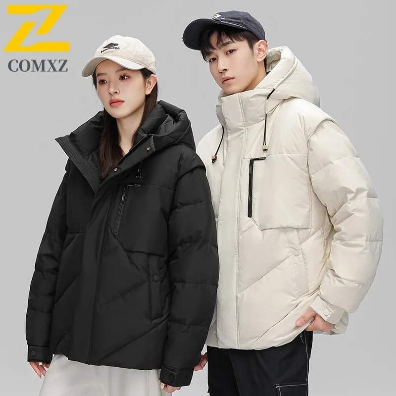 

COMXZ Men Winter Down Jacket Luxury Waterproof Thick Warm White Duck Down Coat Casual Stand Collar Windproof Hood Down Jacket