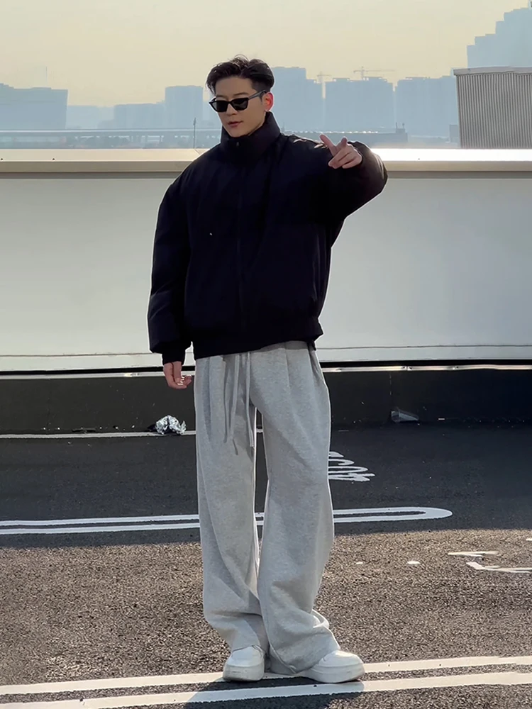Gray Floral Fleece Lined Men's Sweatpants Loose BF Lazy Style Casual Wide Leg Pants American Knife  Straight Tube Pants