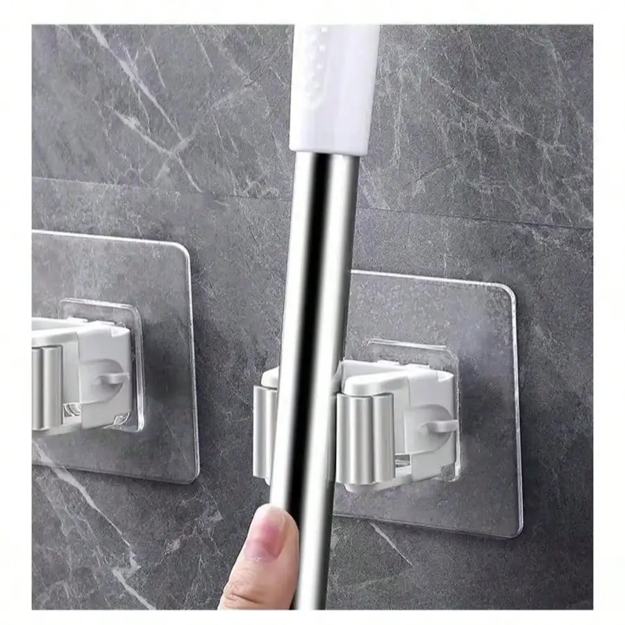 No Drill Mop And Broom Holder Self Adhesive Wall Mount Organizer Heavy Duty Broom Gripper Hooks Damage Free For Laundry Room Bathroom Garage Kitchen