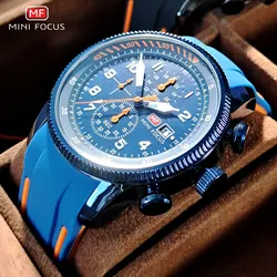 MINI FOCUS Military Sport Quartz Watch for Men Blue Silicone Strap Chronograph Luminous Wristwatch with Date Waterproof 0379