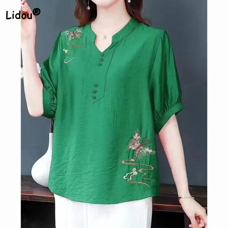 Fashionable Lady Solid Color Embroidery Short Sleeve Shirt Summer Women\'s Clothing Casual Button Patchwork Short Sleeve Blouse