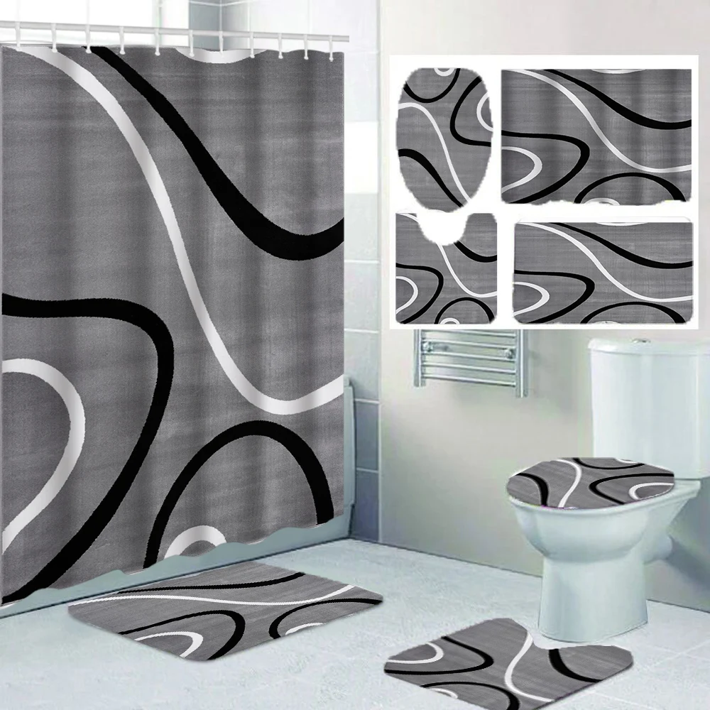 1/4 Geometric stripes shower Curtains, Toilet Seat Decoration, Shower Curtain with Carpet and Toilet Lid, 12 70.8x70.8 inch Hook