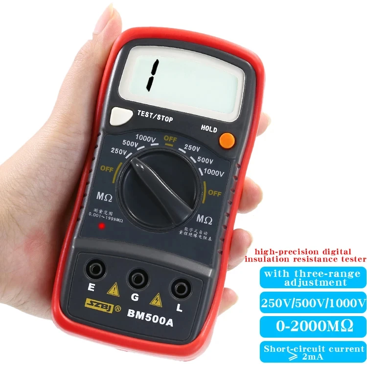 Medidor Digital BM500A 1000V com Faixa Automática, Testador de Resistência de Isolamento, Megôhmetro, Multímetro, Voltímetro com Indicação LED