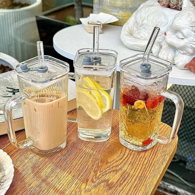 Ins Glass Cup With Straw Handle 250ml Glass Tumbler For Coffee Tea Water Wine Milk Juice Matcha Portable Crystal Glass Bottle