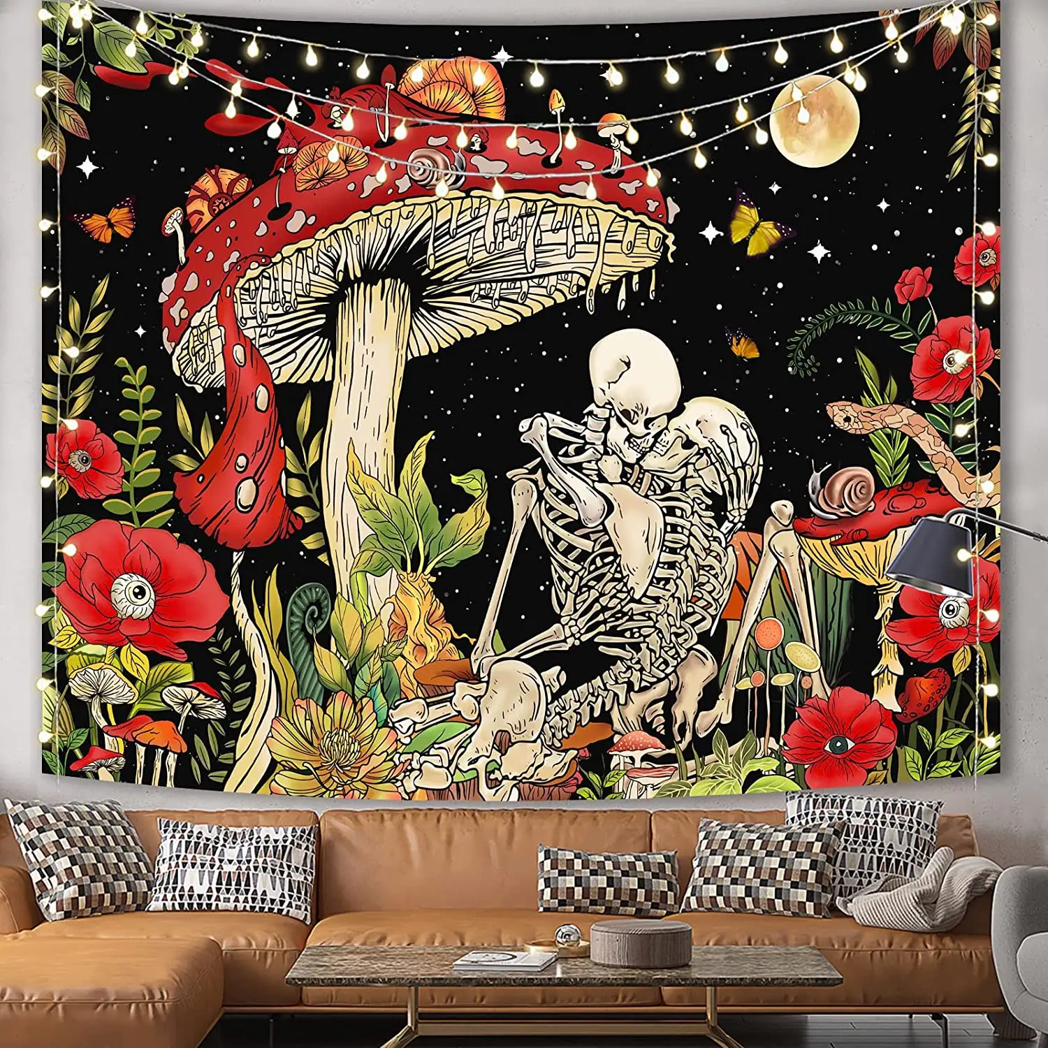 Trippy Mushroom Tapestry Skull Art Aesthetic Home Decoration Hippie Floral Mushroom Tapestries Wall Hanging for Room BohoTapiz