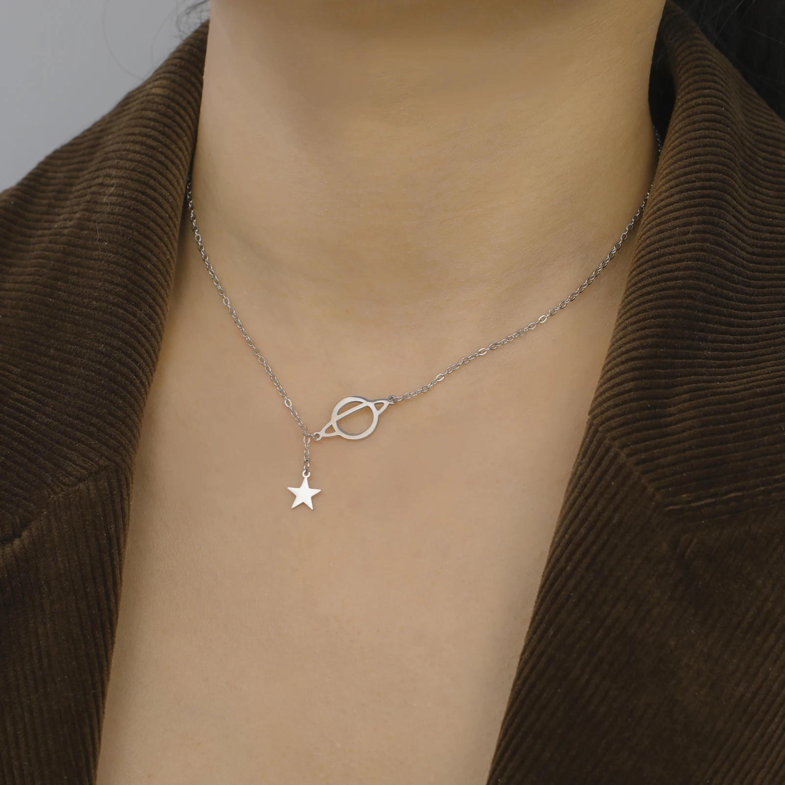 Lucktune Trendy Planet Star Pendant Necklaces for Women Stainless Steel Heavenly Bodies Star Link Chain Necklace Jewelry Gifts