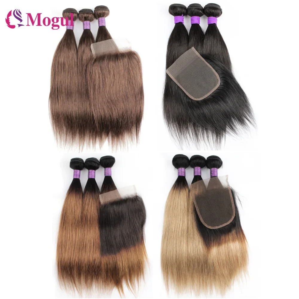 3 Bundles with Closure Straight Remy Human Hair Weave 12-22 Inches Ombre Honey Blonde Black Brown Transparent Lace Mogul Hair