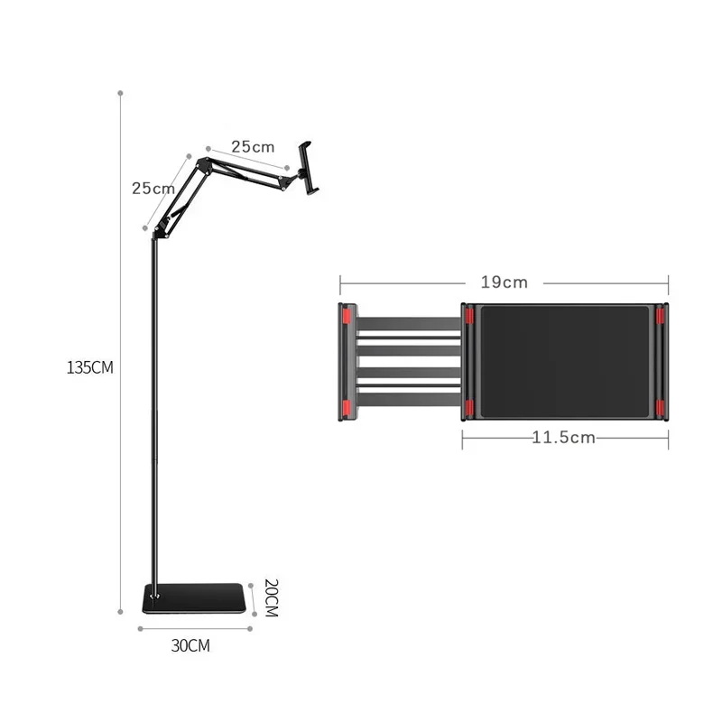 접이식 암 플로어 태블릿 폰 스탠드 거치대 지지대, 4-11 인치 아이폰 아이패드 프로 11 10.2 라운저 침대 마운트, 175cm 리프팅 가능