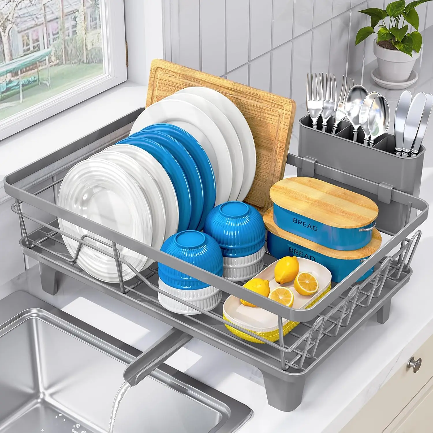 

Large Gray Dish Drying Rack with Drainboard, Cup and Cutlery Holder for Kitchen Countertop Storage