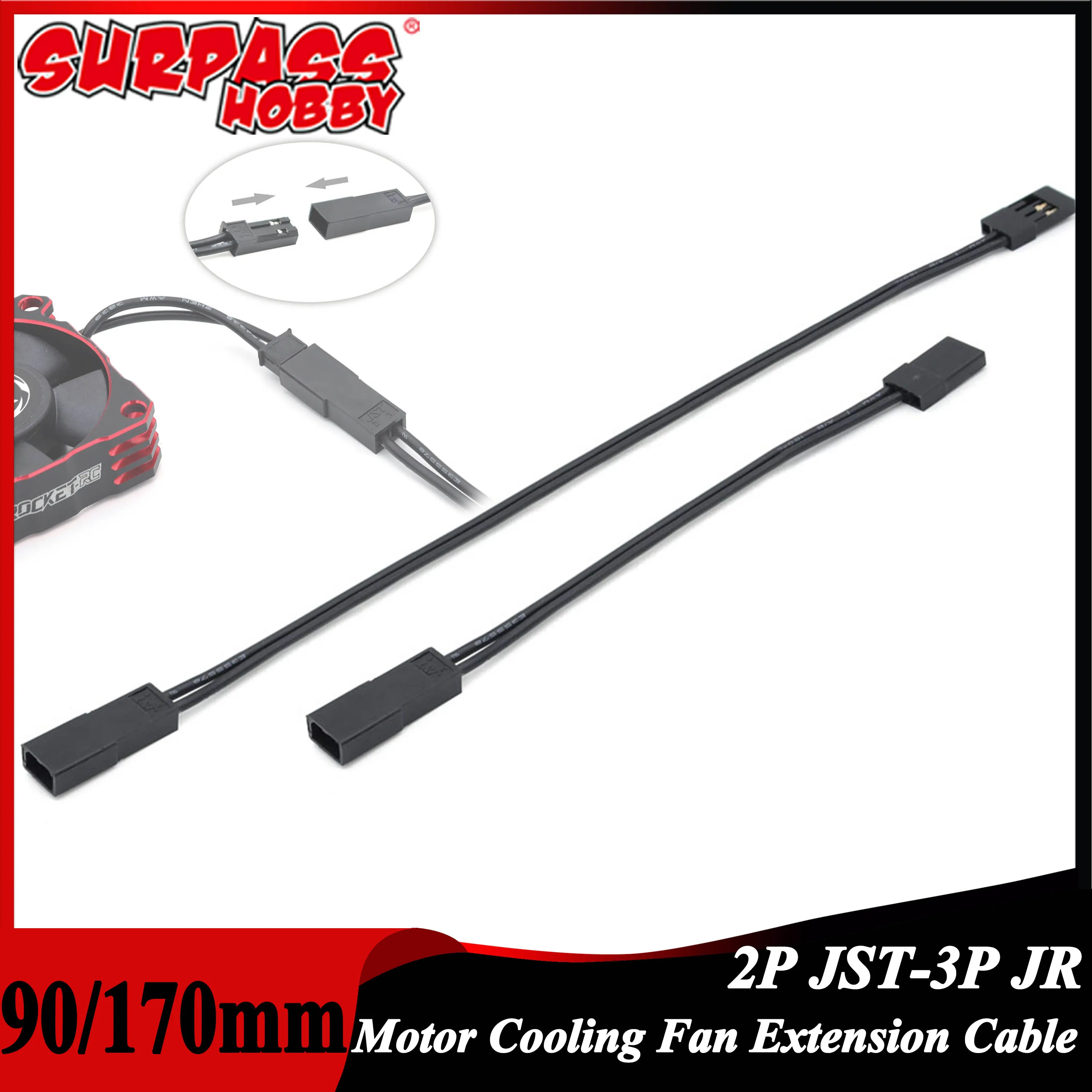 90mm 170mm Motor Cooling Fan Extension Cable 26AWG Silicone Wire 2P JST to 3P JR Plug for RC Car Truck Aircraft Quadcopter ESC
