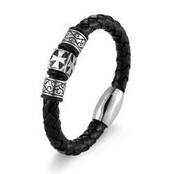 New Stainless Steel Magnet Clasp Bracelet Personality Men's Cross Holy Sword Knight Braided Leather Cord Bracelets