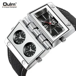 Oulm Brand New Style Mens Three Time Zone Watches Big Square Dial Unique Leather Strap Wristwatch Relogio Masculino