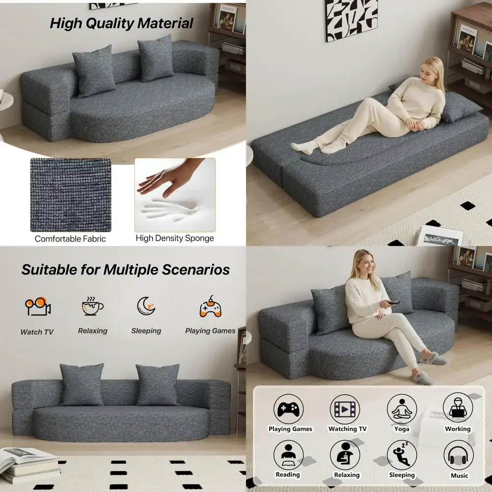 Twin Size Convertible Sleeper Sofa Bed with 2 Pillows, Breathable Foam Mattress, Comfortable Lounge Chair in Gray