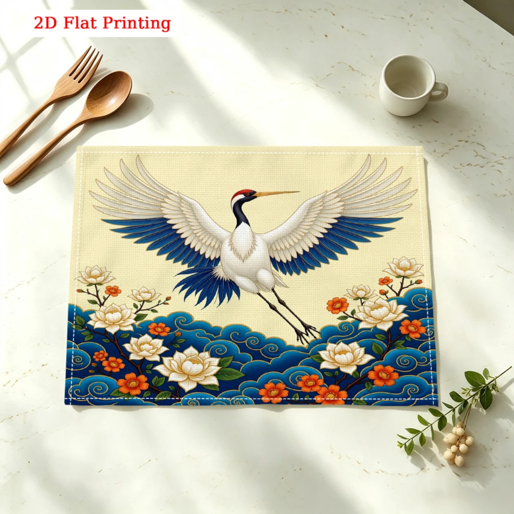 Crane Flying Over Flowers Kitchen Placemat Coaster Linen Pad Dish Coffee Cup Table Mat 30x40cm Home Decor