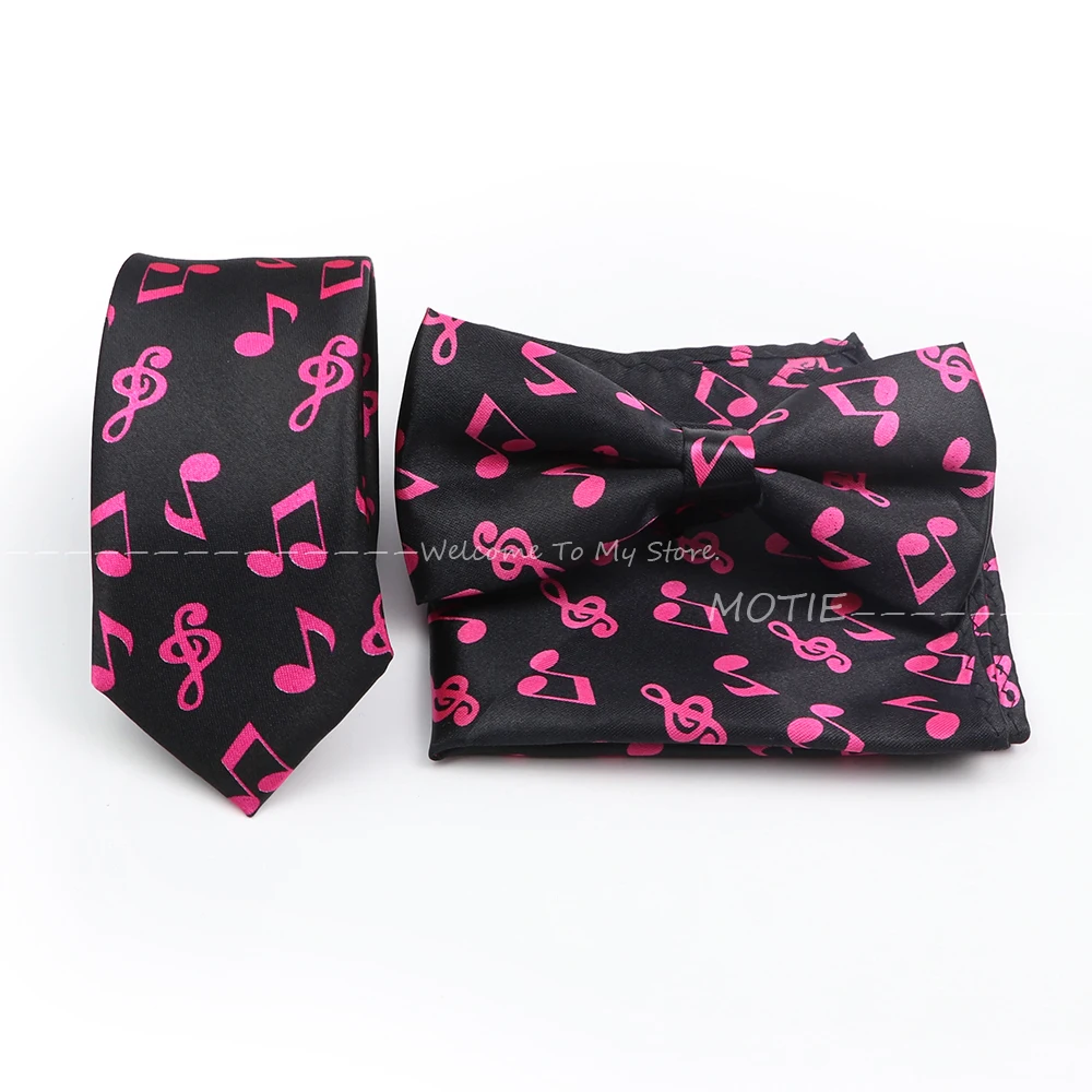 Elegantly Musical Note Polyester Tie Set Smiley Face Pocket Square Handkerchief Bowtie For Group Party Office Shirt Accessories