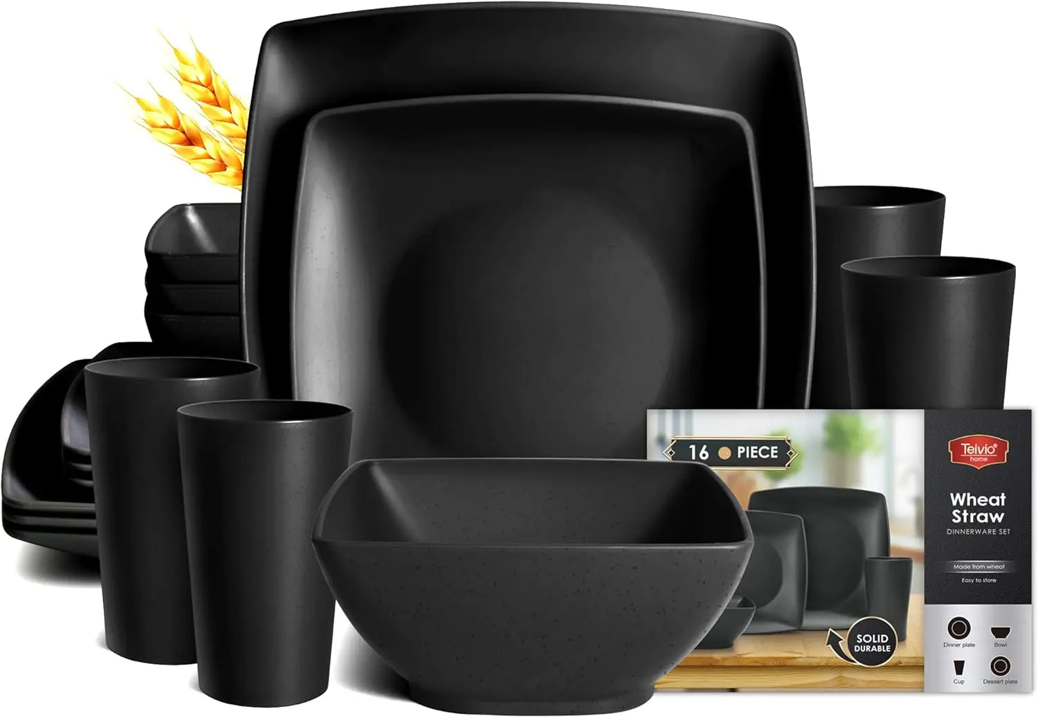 Juego de vajilla cuadrada de paja de trigo de plástico de 16 piezas para 4, platos de cena irrompibles, platos para ensalada, cuencos para refrigerios, vasos de 13,5 oz