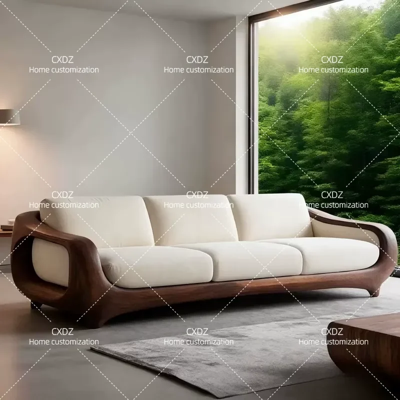 New Chinese Style Black Walnut Leather Sofa Italian Living Room Villa High End Casual Solid Wood Straight Row Sofa
