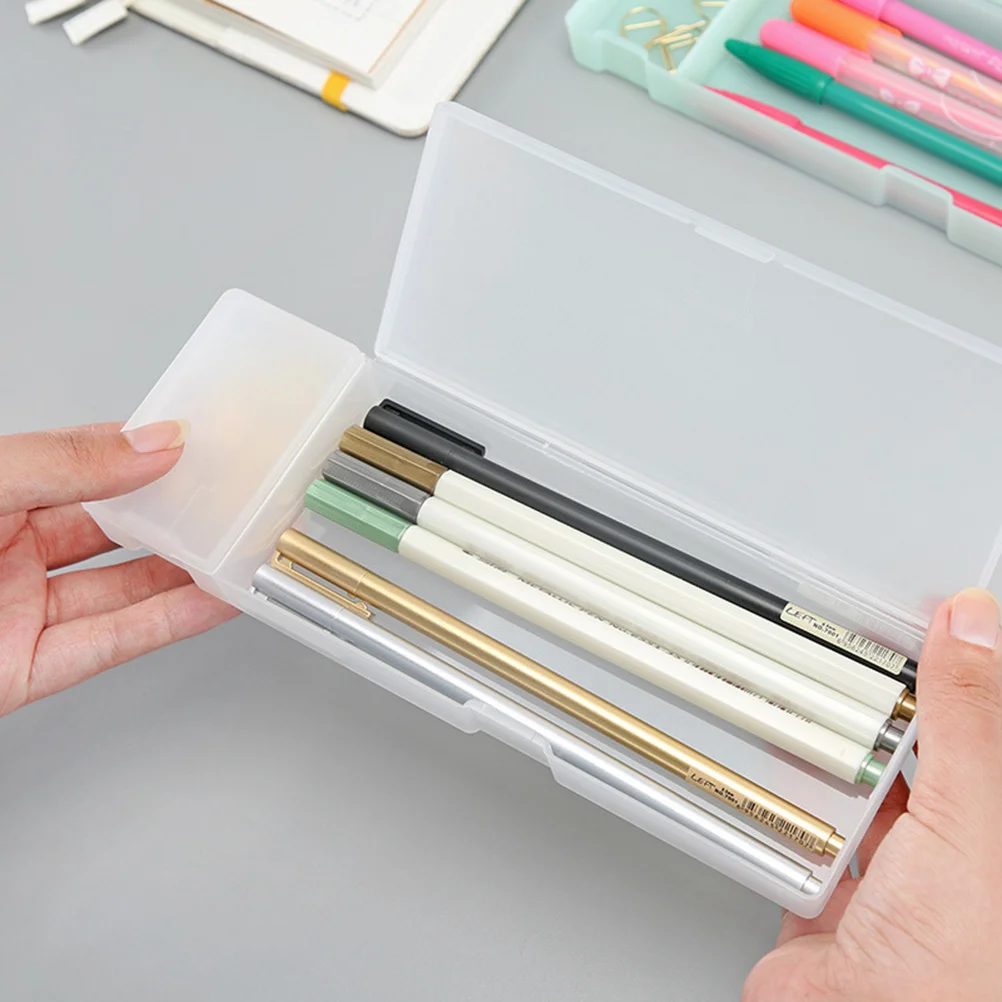 กล่องใส่ดินสอพลาสติกใสขนาดใหญ่ กล่องใส่อุปกรณ์เครื่องเขียนแบบเรียบง่าย กล่องใส่ดินสอสำหรับโรงเรียนและสำนักงาน ขนาด 21x7x2.5 ซม. สีขาว