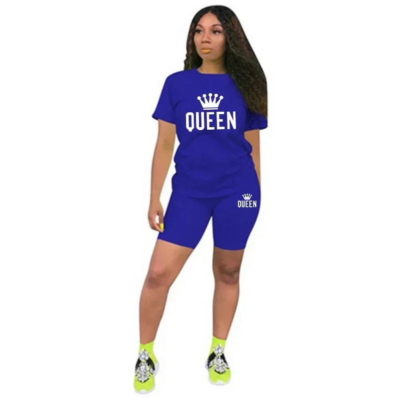 Fato de treino de 2 peças estampado rainha para mulheres, camiseta e shorts, roupas esportivas casuais, simples corrida, moda verão