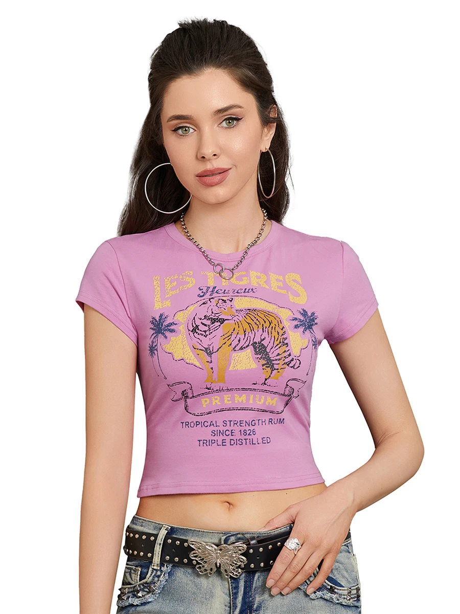 Économie basiques College tigre pour femmes, pulls à manches courtes, streetwear décontracté, vêtements grunge esthétiques, été