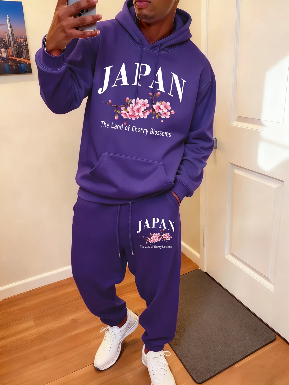 2 قطعة مجموعة هوديس رجالي اليابان أزهار الكرز يطبع Sweatpants الشتاء فضفاض الصوف الركض وتتسابق ملابس رياضية جيب #1