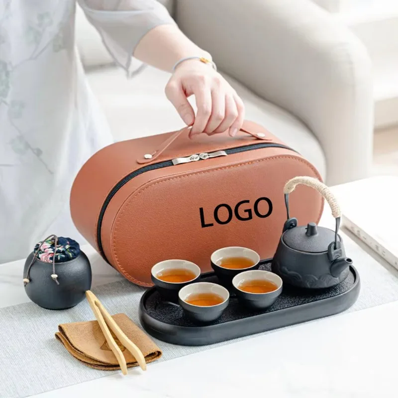 Chinese ceramic purple clay pot cup tea set with travel bag including tea can