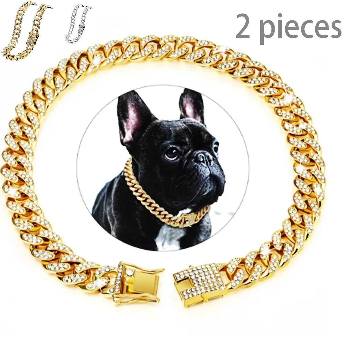 Dog Chain Diamond Cuban Collar Choice Metal Chain Collar with Design Secure Buckle, Pet Cat Collar Jewelry Accessories 2 pieces