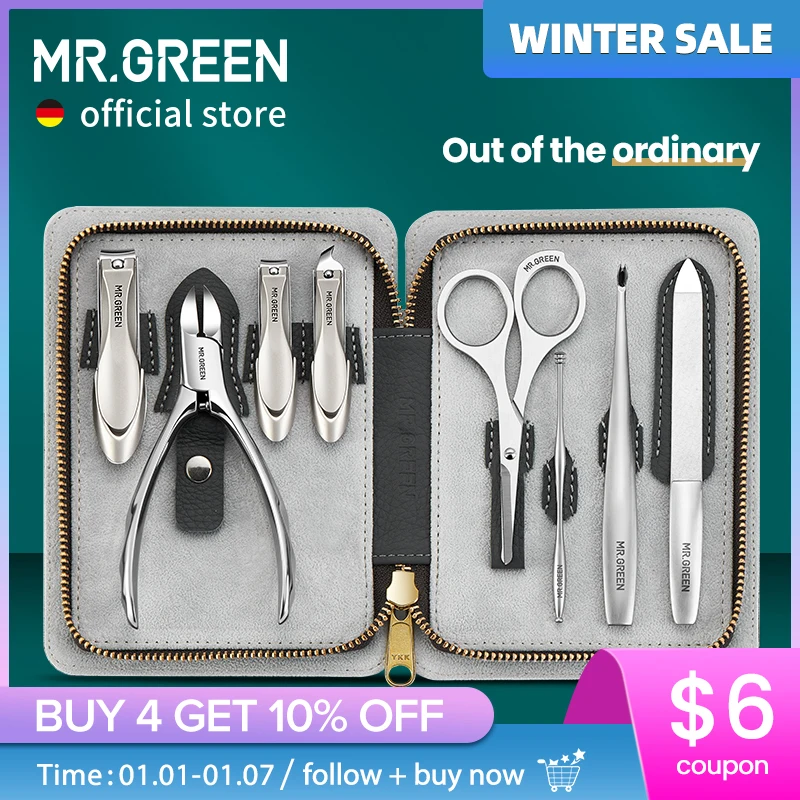 MR.GREEN Manicure Set With Morandi Grey Top-Grade Full Grain Cow Leather Packaging Nail Clipper Kits Perfect Gift Friends Family