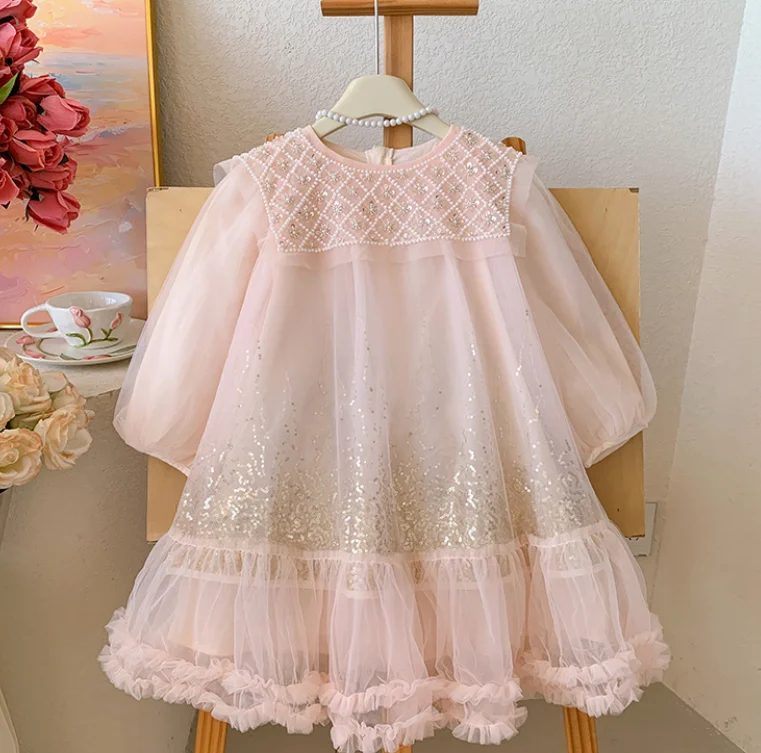 2026 New Baby Summer Girls Boutique Sequined Mesh long Sleeve  Dress , Princess Kids Sweet Fashion Party Dress  4-8 T