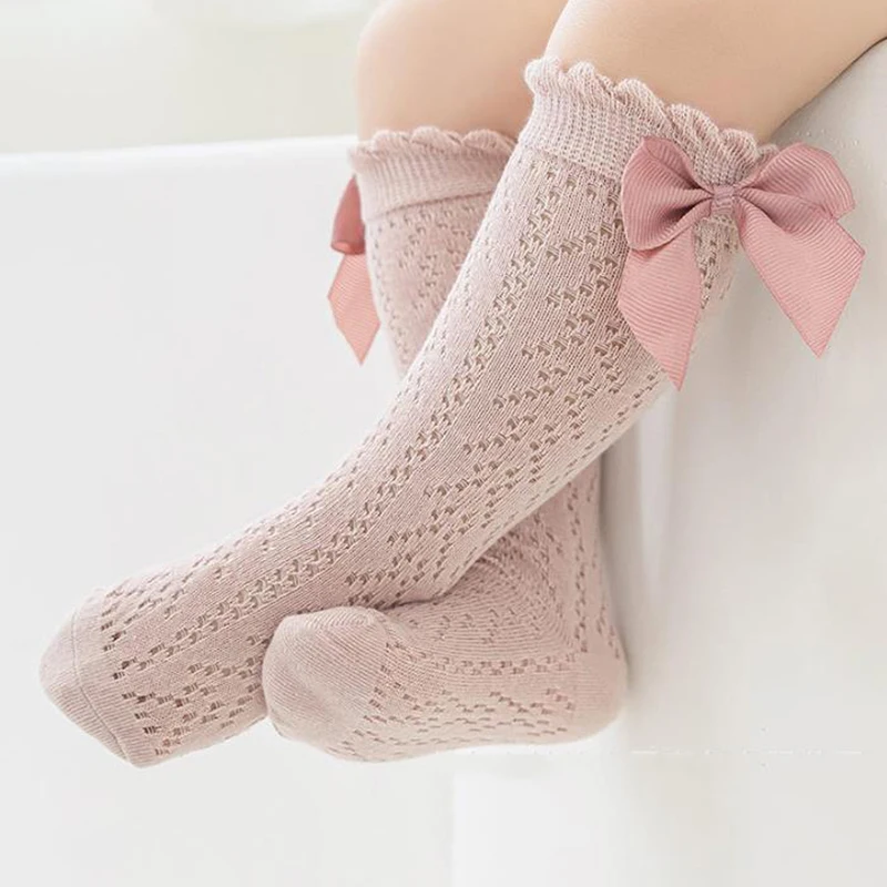 Suefunskry Baby Girl Knee High Socks Breathable Mesh Long Socks Summer Stockings with Bow for Toddlers