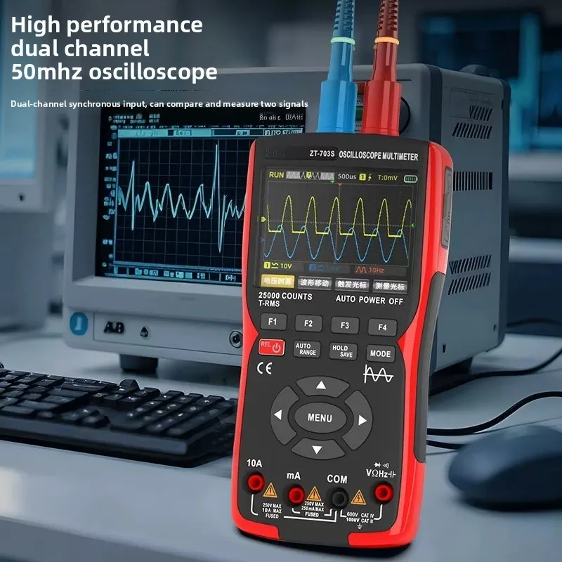 ZT-703S Handheld 2-Channel Oscillos cope Multimeter 3-in-1, High Precision Portable Oscillos cope Multimeter Combo