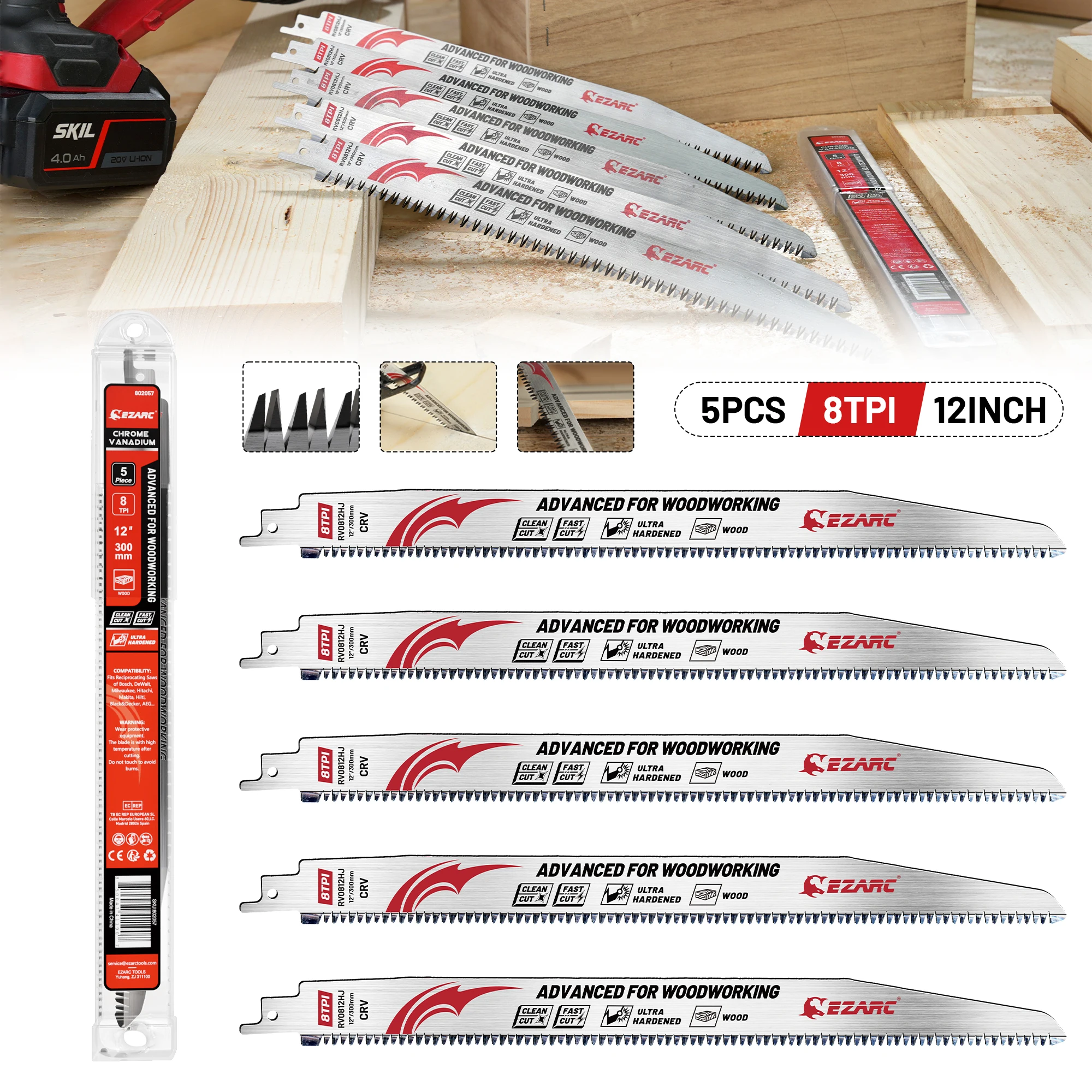 EZARC 300mm Japanese Teeth Reciprocating Saw Blades 12-Inch 8 TPI CR-v Tri-Edged Fleam Ground Teeth Wood Pruning Saw Blades 5PCS