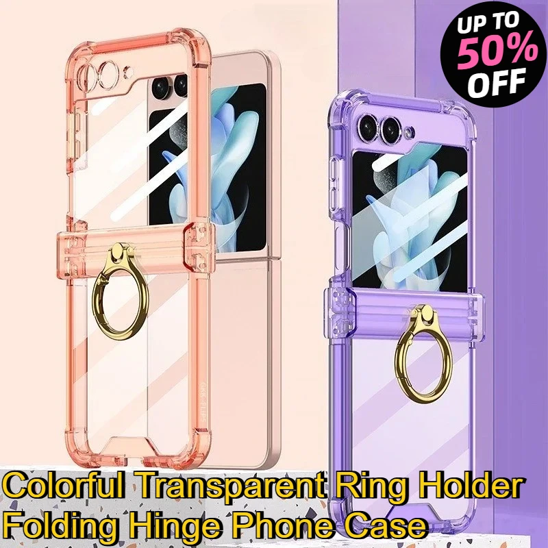 

For Samsung Galaxy Z Flip7 6 5 4 Simple Design Anti-drop Anti-scratch Colorful Transparent Ring Holder Folding Hinge Phone Case