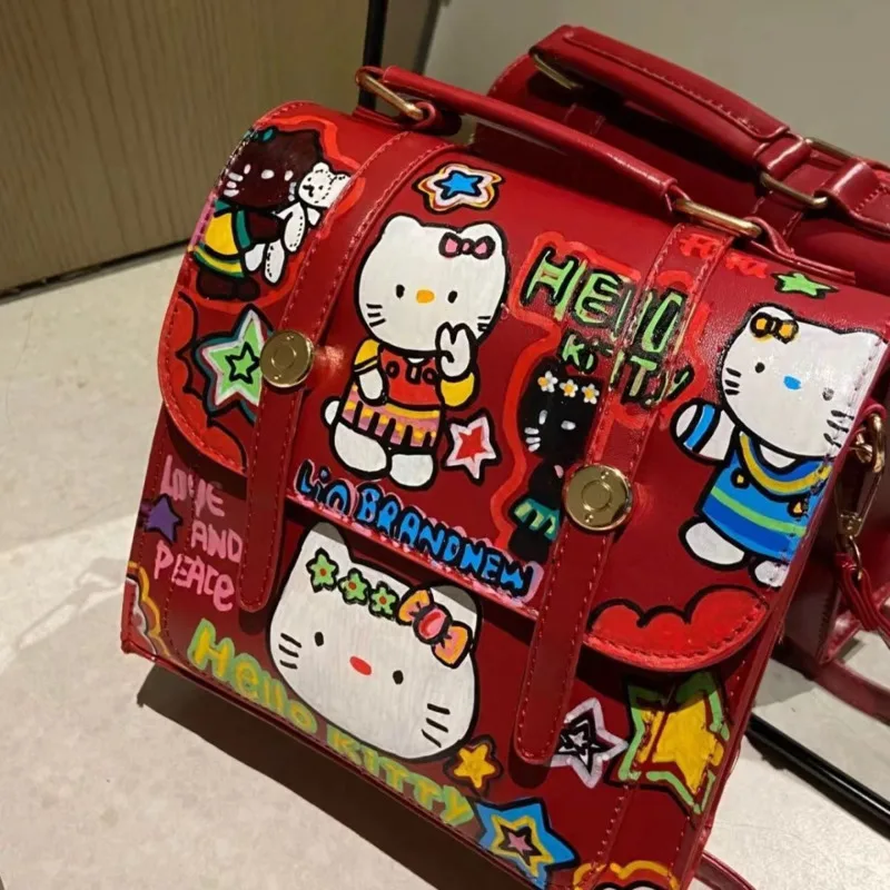 ﻿Sanrio Helllo Kitty Women's New Cute Graffiti Red Backpacks College Style Niche Versatile Practical Backpack Fashion Trend Bags