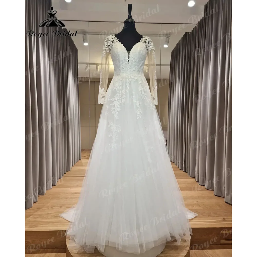 

Vintage Summer Lace Appliuqes Long Sleeve Wedding Dress V Neck Open Back 2025 Bridal Gown Custom Made suknia slubna Roycebridal