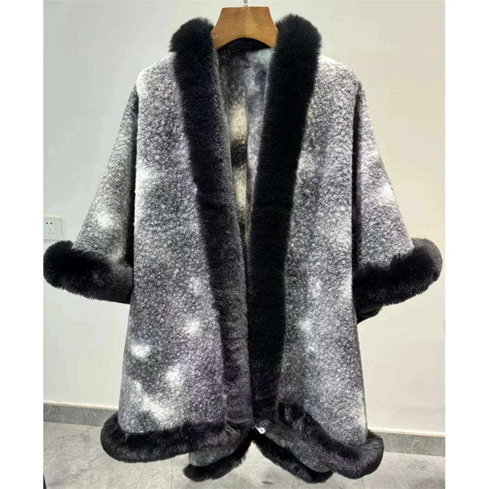 2024 Winter Women Long Faux Fur Collar Granular Velvet Poncho Cape Thick Cardigan Overcoat Loose Shawl Cloak Bat Type Streetwear