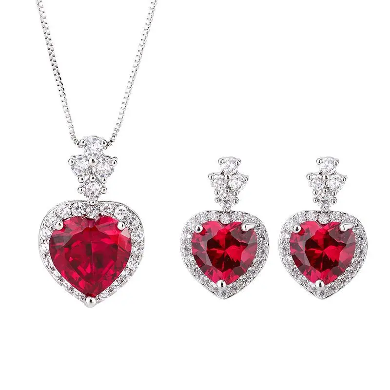Jewelry Gemstone Red Glass Diamond Jewelry Set Earrings Main Stone 9*92 Pendant Necklace 12*12