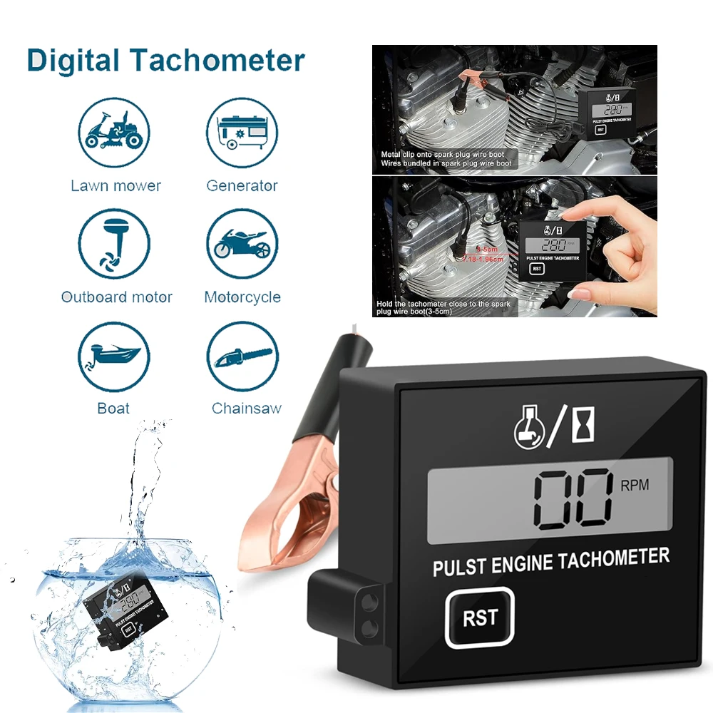 

Small Digital Tachometer Inductive Engine Tachometer Waterproof Tach Hour Meter for Chainsaw Marine ATV Motorcycle UTV Engine