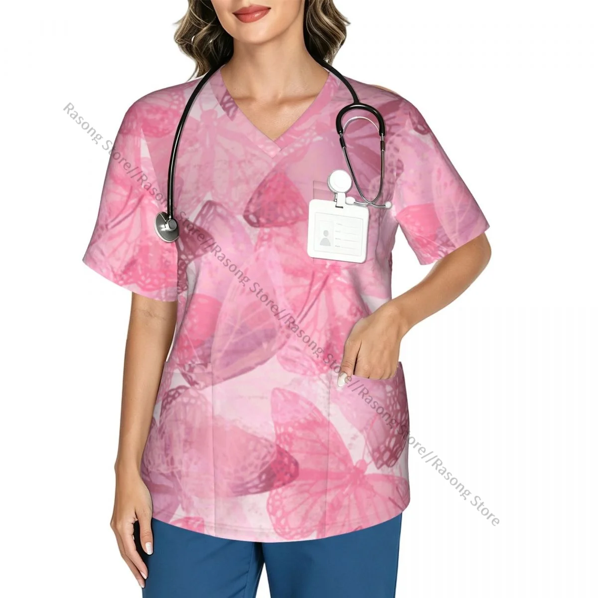 Monochrome Butterflies Flying Butterfly Scrubs tops medical uniforms women V Neck Stretch Scrub Shirt Dentist doctor Blouse