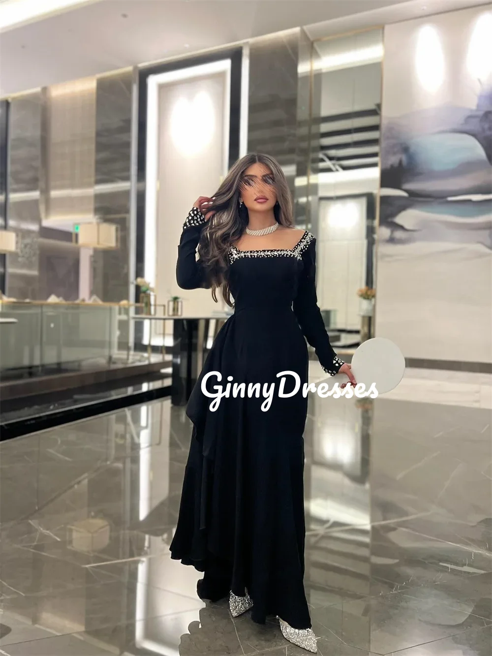 

Платья для торжественных случаев Длина до пола с квадратным вырезом А-силуэта Свадебное платье с бисером на молнии с длинными рукавами Платья на день рождения