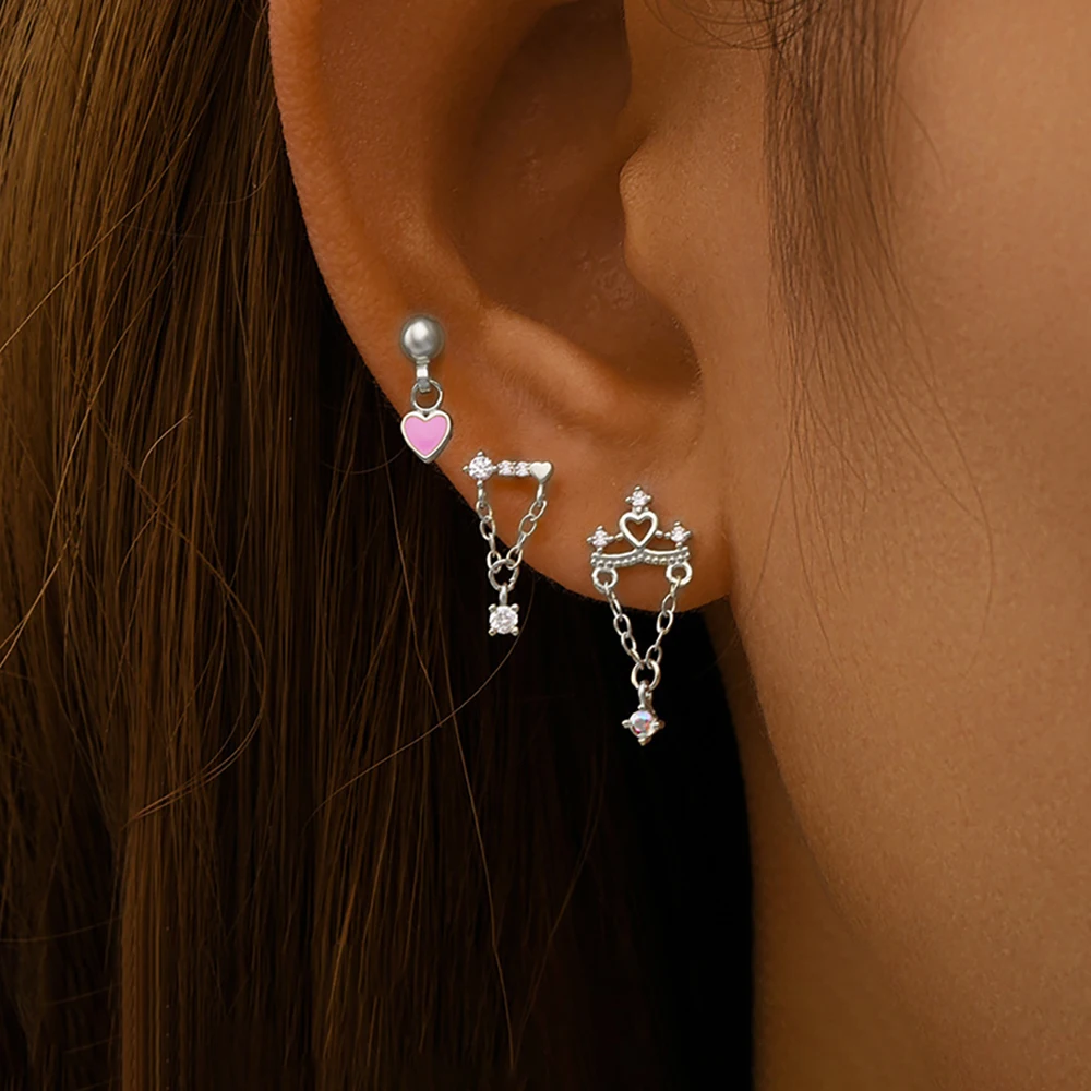 3PCS Stainless Steel Heart-Shaped Dangling Earrings Tassel Chain Screw-Back Stud Earrings Set For Women Jewelry Pendientes