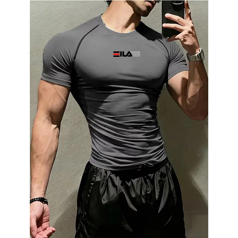 Mens Bodybuilding Sports Tight T-shirt Summer Compression Turtleneck Short Sleeve Gym Fitness Running Quick Dry Male Workout Top