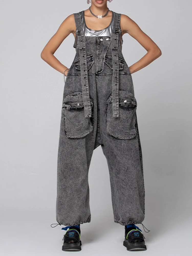 Washed Grey Denim Overalls Loose Women's Style Retro Personality Design Large Size Maternity Clothes Commute Wide Leg Pants