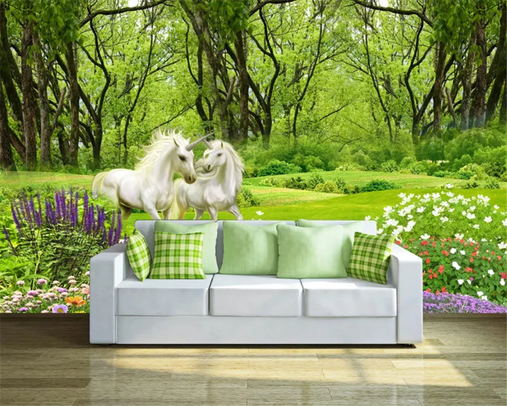 Custom 3D Wallpaper HD white horse wooden bridge Unicorn living room background wall dining room bedroom mural Green Forest 8d