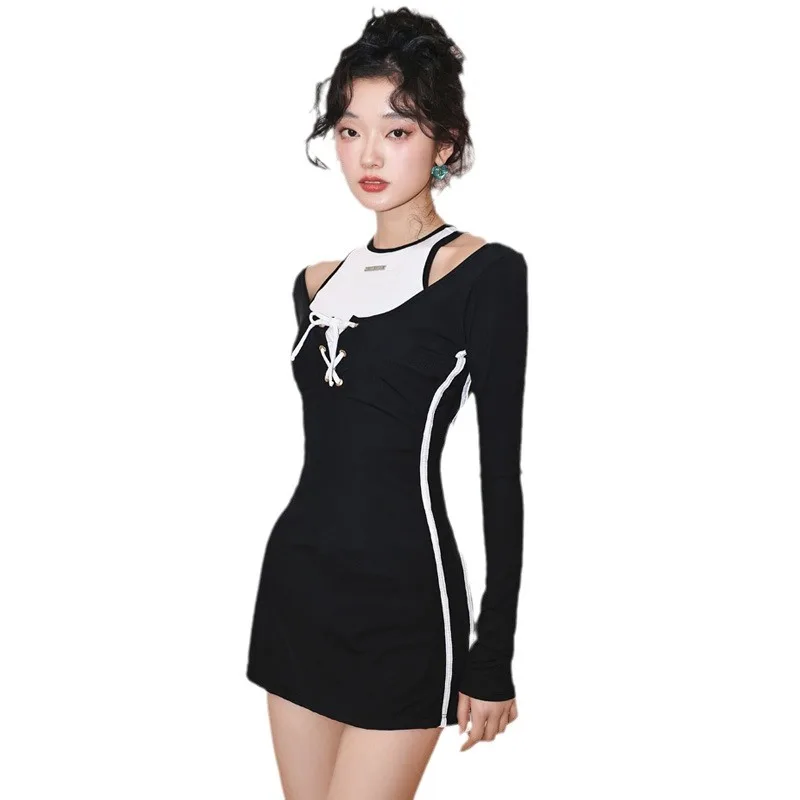 Korean Style Swimwear 2024 Women\'s One Piece Swimsuit Sports Long Sleeve Dress Beachwear High Waist Bathing Suits Shorts Pool