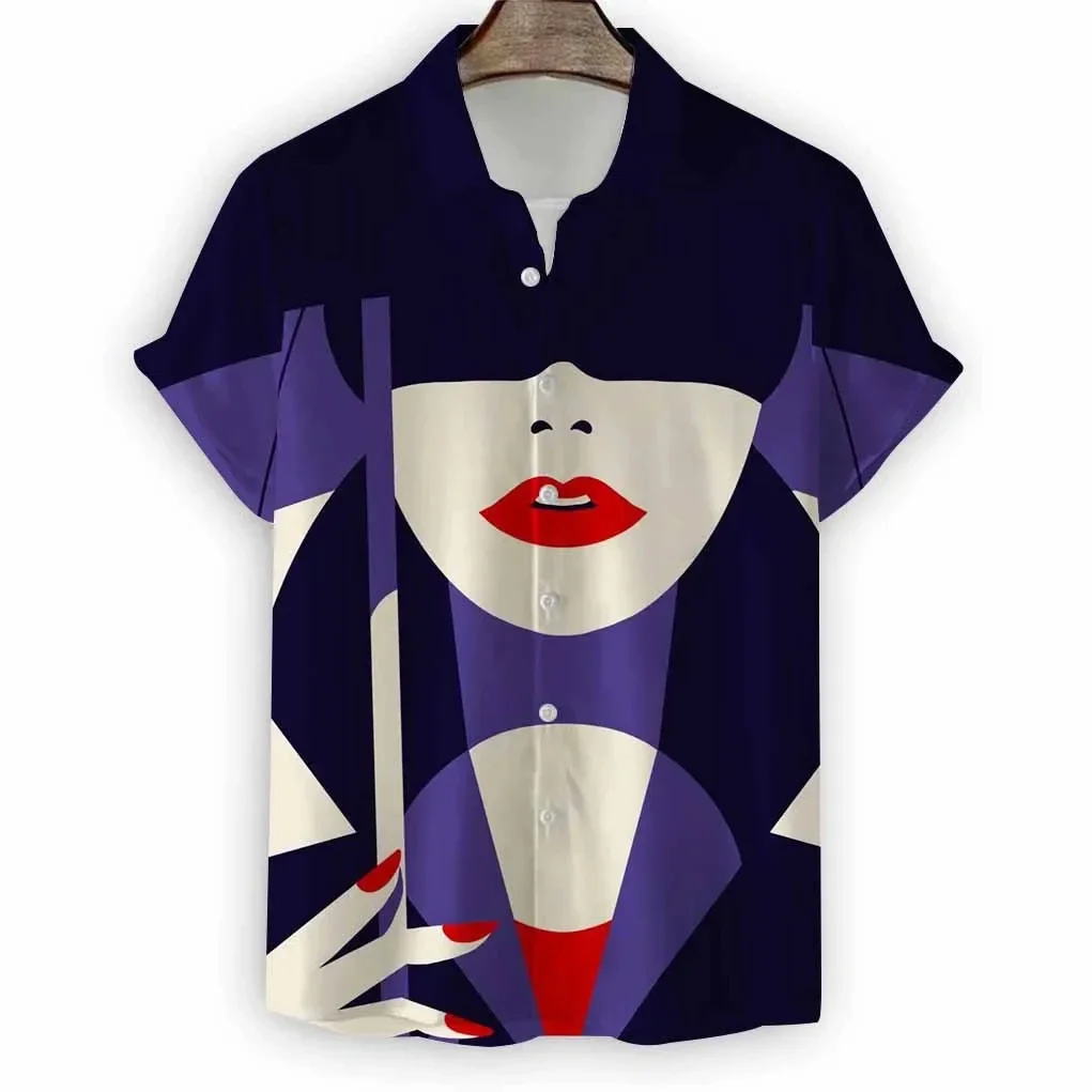 Customization 2024 New Beach Modern Girls Print Men's Shirt Casual Fashion Shirt Button Lapel Streetwear Oversized Men's Short S