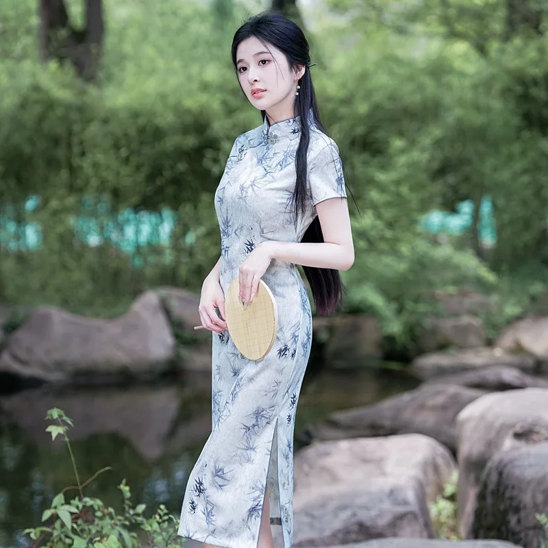 Yourqipao Summer Short-sleeved Bamboo Leaf Cheongsam Gentle Elegant Fashion Daily Qipao Chinese Style Evening Dress for Women